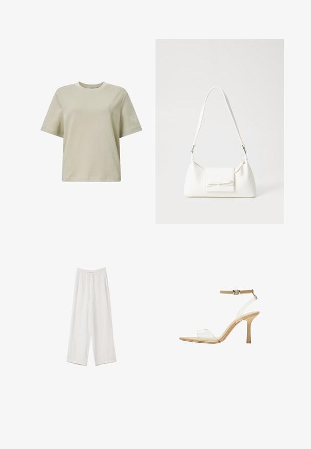 Hellbeige Baumwoll-T-Shirt mit kurzen Ärmeln, Rundhalsausschnitt, lockerem Schnitt und kleinem geprägtem Logo auf der Brust. Glatte Textur.; Weiße weit geschnittene Hose aus leichtem Stoff. Mit einem elastischen Bund und Kordelzug sowie Seitentaschen. Glatte Textur.; Durchsichtige Sandale mit transparentem Obermaterial, beigem Fußbett und einem schlanken Knöchelriemen. Sie hat eine spitz zulaufende Zehenpartie und einen dünnen, hohen Absatz.; Weiße synthetische Handtasche in dreieckiger Form, flache Vorderklappe und Schleifendetail, verstellbarer Trageriemen, glatte Textur und minimalistisches Design.