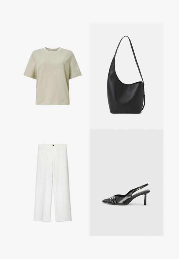 Jasno beżowa bawełniana koszulka z krótkim rękawem, okrągłym dekoltem, luźnym krojem i małym wytłoczonym logo na piersi. Gładka tekstura.; Białe, szerokie spodnie o gładkiej teksturze, z zapięciem na guzik z przodu i szlufkami na pasek, dopasowane w luźnym kroju.; Czarne lakierowane buty typu slingback z ostrym noskiem, paskami na kostkach z srebrnymi klamrami i elementami metalowymi oraz smukłym obcasem.; Czarna skórzana torba hobo o gładkiej fakturze, zaokrąglonym kształcie i pojedynczym, regulowanym pasku; posiada szerokie otwarcie na górze.
