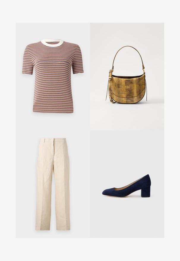 Pruhované tričko s krátkym rukávom v oranžovej, modrej a bielej farbe. Má ribbovaný materiál a biely okrúhly výstrih.; Béžové ľanové nohavice vo voľnom strihu, s plisovaným predným dielom a rovnými nohavicami. Majú pás s pútkami na opasok a bez viditeľných vreciek.; Námořnické modré semišové lodičky s špičatou špičkou a středním blokovým podpatkem. Hladká textura s jemným leskem a malým výstřihem vpředu.; Vanessa Bruno MINI DAILY BAG - Taška cez plece - camel