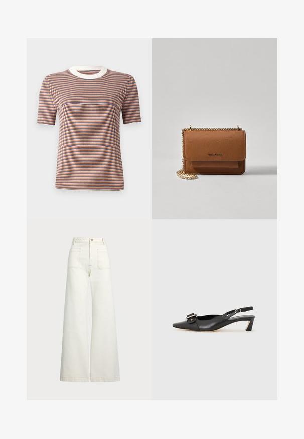 Csíkozott, rövid ujjú póló narancssárga, kék és fehér színekben. Bordázott textúrával és fehér kerek nyakkivágással rendelkezik.; Széles szárú farmernadrág off-white denim anyagból. Magas derekú dizájn, gombos záródással, két elülső zsebbel és kontrasztos varrási részletekkel.; Fekete bőr szandál kis sarkú, hegyes orral, díszes csattal a felsőrészen. Simább textúra, minimalista design.; Barna textúrájú bőr keresztbody táska arany lánc pánttal és fedélzárral. Az elején logó részlet és egy zseb található a fedél alatt.