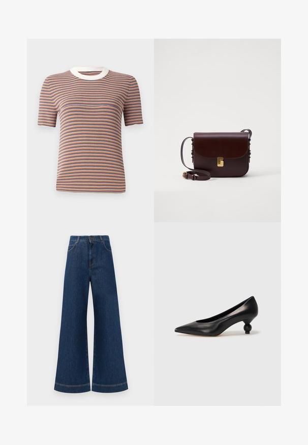 Striped short-sleeve t-shirt in orange, blue, and white. Features a ribbed texture and a white round neckline.; Wide-leg blue denim jeans with a high waist, featuring a button closure, belt loops, and subtle stitching details along the pockets and hems.; Black leather high heel shoe with a pointed toe and a round, balled heel. Smooth texture with a sleek, minimal design.; Brown leather bag with a flap closure, gold accent hardware, and an adjustable strap. Features a smooth texture and a sleek rectangular shape.