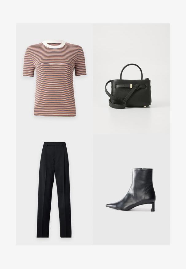 Pruge majica s kratkimi rokavi v oranžni, modri in beli barvi. Ima strukturo s rebrasto teksturo in beli okrogli izrez.; Črne hlače iz gladkega materiala, ki imajo visok pas, široke noge, sprednje nabore in klasične zanke za pas. Nevidni stranski žepi.; Črne usnjene gležnjarje s šiljastim nosom in elegantnim dizajnom. Imajo nizko peto in zadrgo na zadnji strani. Gladka tekstura.; Črna usnjena torbica z teksturirano površino, zgornjima ročajema in dolgim nastavljivim trakom. Ima zlatodimni kovinski okras spredaj.