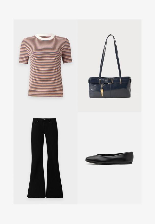 Prugasta majica kratkih rukava u narančastoj, plavoj i bijeloj boji. Ima rebrastu teksturu i bijeli okrugli izrez.; Crne trapezaste traperice izrađene od denima, s klasičnim dizajnom od pet džepova, kopčanjem na gumb i suptilnim šavovima uz rubove.; Paul Smith TOPANGA - Balerinke - black; Morska kožna torbica s dva duga ramena, detaljem kopče i privjeskom za ključeve. Ima glatku teksturu i pravokutni oblik.