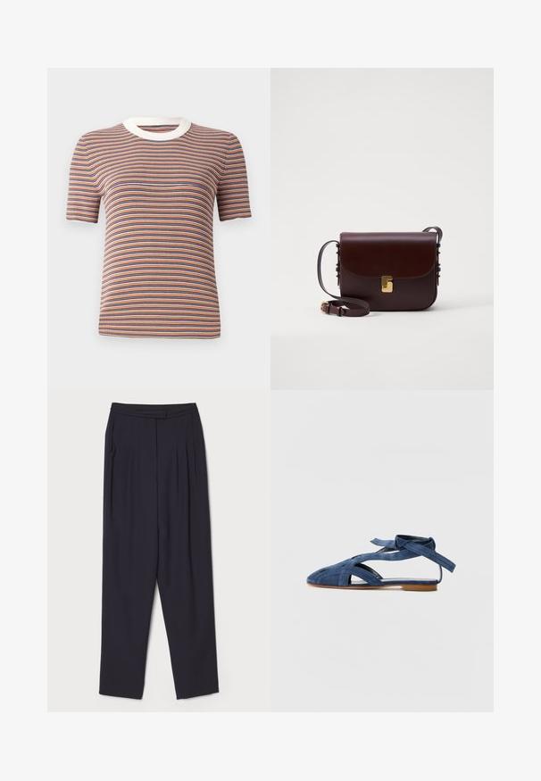Svītraina īsā piedurkne t-krekls oranžā, zilā un baltā krāsā. Tam ir ribota tekstūra un balta apaļa kakla izgriezums.; Tumši jūras zilās bikses, izgatavotas no mīksta auduma, ar krokām un taisni piegrieztu dizainu, standarta jostasvietu un sānu kabatām.; Emporio Armani Sandales - blue; Brūna ādas soma ar atloka aizdari, zelta akcentu aparatūru un regulējamu siksnu. Funkcijas gluda tekstūra un elegants taisnstūra forma.