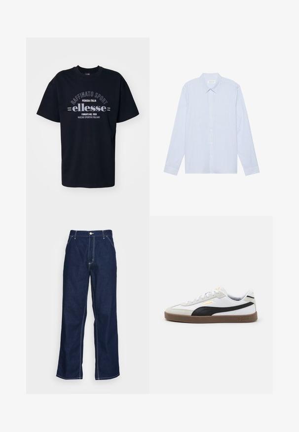 Must musta T-särk, millel on ümar krae. Esipooles on valge trükitekst, mis ütleb "Raffinato Sport" ja "ellesse", koos retro detailidega.; Heled sinine triibuline pikkade varrukatega nööpidega särk. Omab traditsioonilist kraed, valgeid nööpe ja sileda puuvilla segust kangast.; Tumed sinised denim püksid laia säärega, kõrge talje, ees olevate taskutega ja kontrastsete valgete õmblustega õmblustes.; Valge nahast spordijalats musta seemisnaha aktsendiga, ümar varvas, lame pruun kummitald ja väljatud kuldne logo külje peal. Kummipaelad ja pehmendustega krae.