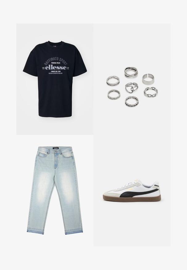 Must musta T-särk, millel on ümar krae. Esipooles on valge trükitekst, mis ütleb "Raffinato Sport" ja "ellesse", koos retro detailidega.; Pegador BARROW - Loose fit teksad - sand washed blue; Valge nahast spordijalats musta seemisnaha aktsendiga, ümar varvas, lame pruun kummitald ja väljatud kuldne logo külje peal. Kummipaelad ja pehmendustega krae.; Seitsme hõbesõrmuse komplekt, millel on erinevad kujundid, sealhulgas keerdunud, seotud ja graveeritud mustrid. Erinevad kujundid ja laius.