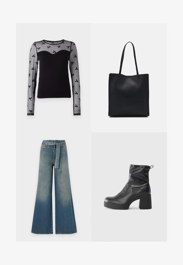 Melns garo piedurkņu tops ar pieguļošu siluetu, caurspīdīgām ziedu mežģīņu piedurknēm un sirds formas dekoltē. Izgatavots no mīksta auduma, lai nodrošinātu komfortu.; Platām kājām džinsu bikses ar gaismas līdz tumši zilam gradientam, augstu jostas līniju, jostas cilpām un atbilstošu auduma jostu. Tekstūrēts džinsas apdare.; Melni potītes zābaki, kas izgatavoti no gludas ādas, ar sānu rāvējslēdzēju, masīvu strukturētu papēdi un noapaļotu purngalu.; Melnas ādas somiņa ar gludu tekstūru, taisnstūra formu un divām garām rokturiem. Nav redzamu aparatūras vai rotājumu.