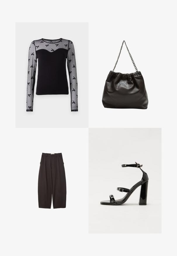Čierny top s dlhým rukávom, ktorý má priliehavé telo, priesvitné kvetinové čipkované rukávy a výstrih v tvare srdca. Vyrobený z mäkkého materiálu pre maximálne pohodlie.; Čierne široké nohavice vyrobené z hladkej tkaniny, s vysokým pásom, prednými skladmi a bočnými vreckami. Jednoduchý dizajn bez ozdôb.; Čierne lakované sandále na podpätku so štvorcovou špičkou, navlečenými remienkami okolo členku a striebornými prackami. Disponujú masívnym blokovým podpätkom pre stabilitu.; Hnedá kožená taška so zberaným vrchom a reťazovým popruhom. Hladký povrch s lesklým finišom a jemným švom po stranách.