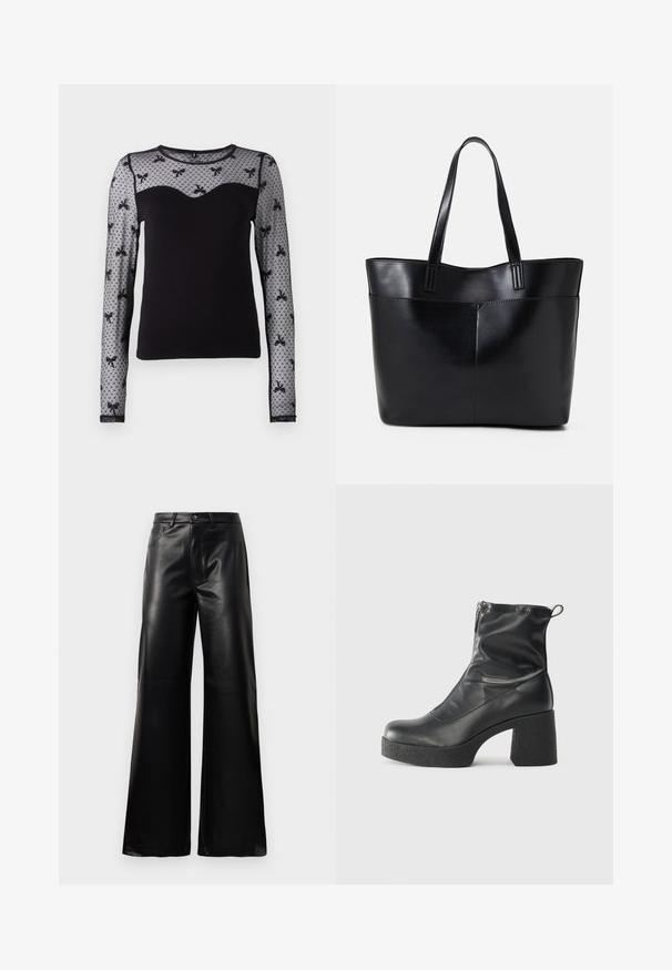 Czarny top z długim rękawem, dopasowany w talii, z przezroczystymi koronkowymi rękawami w kwiatowy wzór oraz dekoltem w kształcie serca. Wykonany z miękkiego materiału dla wygody.; Czarne, wysokie na talii, szerokie spodnie z sztucznej skóry z guzikami z przodu, zapięciem na zamek, szlufkami na pasek i bocznymi kieszeniami na białym tle.; Czarne botki za kostkę wykonane z gładkiej skóry, wyposażone w boczny zamek błyskawiczny, masywny teksturowany obcas oraz zaokrąglony czubek.; Czarna skórzana torba na ramię z dwoma długimi uchwytami, gładką teksturą i sztywną formą. Posiada przednią kieszeń dla dodatkowego przechowywania.