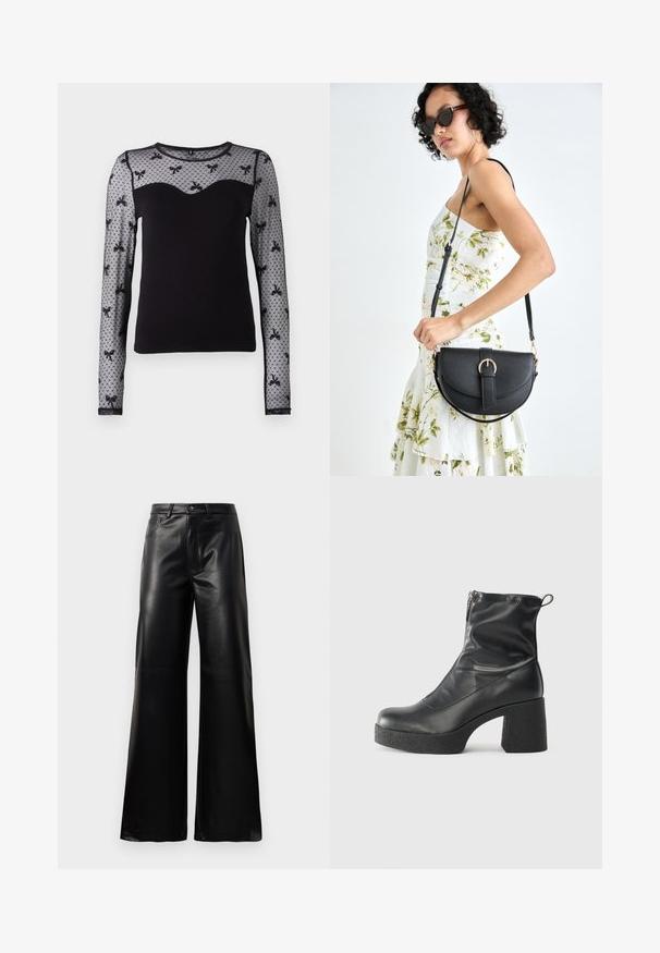 Fekete, hosszú ujjú blúz, testhez simuló fazonnal, áttetsző virágmintás csipke ujjakkal és szív alakú nyakkivágással. Puha szövetből készült, a kényelem érdekében.; Fekete, magas derekú, széles lábú, műbőr nadrág elülső gombbal, cipzárral, övbújtatókkal és oldalsó zsebekkel, fehér háttérrel.; Fekete bokacsizmák sima bőrből, oldalsó cipzárral, vastag, texturált sarkú és lekerekített orrú dizájnnal.; Fekete bőrtáska ívelt formával, levehető pánttal és arany színű fémrészekkel. A táskán egy csattal díszített fedél található.