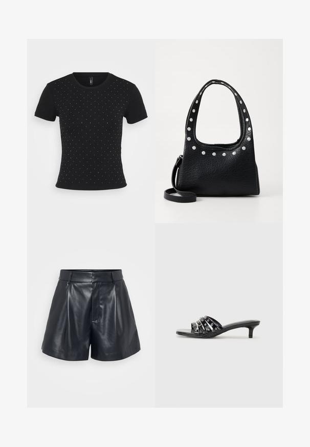 Čierne tričko s krátkym rukávom vyrobené z rebrovanej tkaniny, s posypanými kamienkami na prednej strane pre pridanie detailu.; Čierne kožené šortky s hladkým povrchom, upravený dizajn, skladaný predok a pútka na opasok; obsahujú skrytú zipsovú kapsu na boku.; Čierne sandále na podpätku s viacerými lesklými popruhmi a metalickými akcentmi, s ťahavým špičkou a skromnými kitten podpätkami. Hladký povrch.; Čierna kožená kabelka s textúrou a striebornými cvokmi pozdĺž hornej hrany a na uchách, so krátkym uchom a odnímateľným popruhom.; Strieborná kruhová náušnica s lesklým povrchom, obsahujúca malé zlaté akcenty a okrúhly tvar, nosená na lalôčiku ucha.