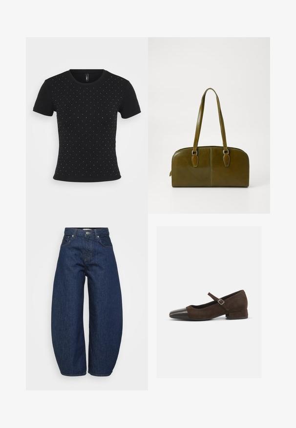 Zwarte kortek mouw t-shirt van ribbelstof, met verspreide rhinestone accenten over de voorkant voor extra detail.; Donkerblauwe spijkerbroek met een brede, ontspannen pasvorm. Voorzien van een ritssluiting, vier zakken en contrasterende stiksels langs de naden.; Bruine suède Mary Jane-schoen met een zwarte lakleren neuskap, een verstelbare band en een lage blokhak. Gladde textuur met minimale accenten.; Olijfgroene leren handtas met een ronde vorm, dubbele handvatten en een naadloze voorkant. Kenmerkt zich door een gladde textuur en subtiele stikdetails.; Zilveren oorbel met een gepolijste afwerking, met kleine gouden accentdetails en een ronde vorm, gedragen op de oorlel.