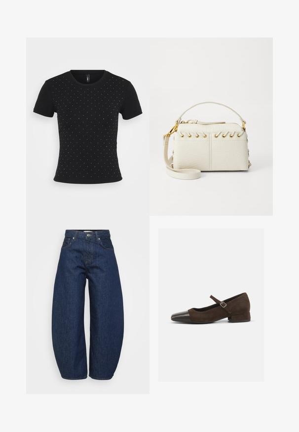 Camiseta negra de manga corta hecha de tela de canalé, con detalles de pedrería dispersos por el frente para darle un toque adicional.; Jeans de mezclilla oscuros de tiro alto con piernas anchas, cierre frontal con botón y cremallera, y diseño clásico de cinco bolsillos.; Zapato Mary Jane de ante marrón con una puntera de charol negro, correa ajustable y un tacón bajo. Textura suave con acentos mínimos.; Bolsa de mano de imitación cuero blanca que presenta una cremallera superior, un asa corta y una correa de hombro desmontable con herrajes en tono dorado. Detalle de cordones en los lados.; Pendiente de aro de plata con un acabado pulido, que presenta pequeños detalles en dorado y una forma redonda, llevado en el lóbulo.
