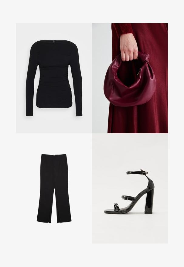 Schwarzes Langarmoberteil aus dehnbarem Stoff, mit einem Bootsausschnitt und gerafften Details an den Seiten für eine taillierte Optik.; Schwarze Hose mit geradem Schnitt, ausgestattet mit Fronttaschen und Seitenschlitzen am Saum. Hergestellt aus weichem, glattem Stoff. Geeignet für verschiedene Anlässe.; Schwarze patentierte Sandalen mit Absatz, quadratischer Spitze, Knöchelriemen und silbernen Schnallen. Mit einem stabilen Blockabsatz für mehr Stabilität.; Burgunderleder-Handtasche mit einem weichen, gerafften Design und einer gerundeten Form. Der Griff ist gesichert und zeigt eine glatte Textur.