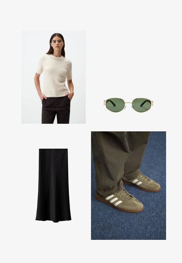 Maglione beige a maniche corte in morbida e soffice texture con scollatura rotonda accentuata da piccole borchie decorative argentate. Indossato con pantaloni scuri.; Gonna midi nera realizzata in tessuto liscio e leggero. Presenta una linea dritta, senza componenti visibili e un design semplice senza fantasie.; Sneaker in suede verde con tre strisce bianche, suola in gomma marrone e lacci texturizzati, abbinati a pantaloni verde oliva su un tappeto blu.; Occhiali da sole con montatura dorata e lenti verdi, forma ovale, stanghette nere e naselli trasparenti. Design pulito e minimalista.; Borsa a tracolla verde oliva con doppie maniglie, texture liscia e accento di logo metallico. Forma arrotondata con pannelli laterali; abbinata a pantaloni blu.