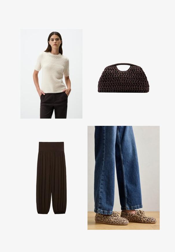 Korte mouw crème trui van een zachte, pluizige stof met een ronde halslijn, verfraaid met kleine, decoratieve zilveren studs. Gekozen in combinatie met donkere broek.; Bruine geplooide broek met een brede, elastische tailleband. De stof is lichtgewicht en gestructureerd, met gatherse randen bij de boorden.; Luipaardprint loafers van suede, met een ronde neus, vetersluiting en platte, flexibele zolen, gecombineerd met blauwe jeans.; Geweven bruin handtas met een ronde silhouet, voorzien van een bovenhandvat en een gestructureerde oppervlakte. Compact ontwerp met een platte basis voor stabiliteit.