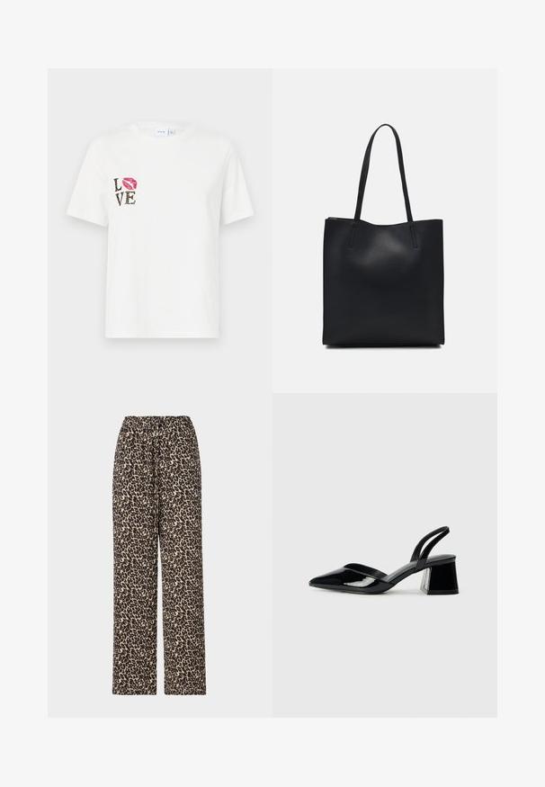 Valge puuvillane T-särk lühikeste varrukatega. Esiküljel on must tekst "LOVE" koos loomade trükiga ja punane huuleprint vasakul küljel.; Leopardimustriga püksid on musta ja beeži värviga, neil on elastne vöökoht ja sirge jalgade disain. Valmistatud pehmest ja kergest kangast.; Mustad musta lakknahk kingad, millel on terav varvas ja geomeetriline plokkkonts. Omab elegantselt minimalistlikku disaini ja sujuvat tekstuuri.; Mustast nahast kott sujuva tekstuuriga, ristkülikukujuline ja kahe pika sangaga. Pole nähtavat riistvara ega kaunistusi.