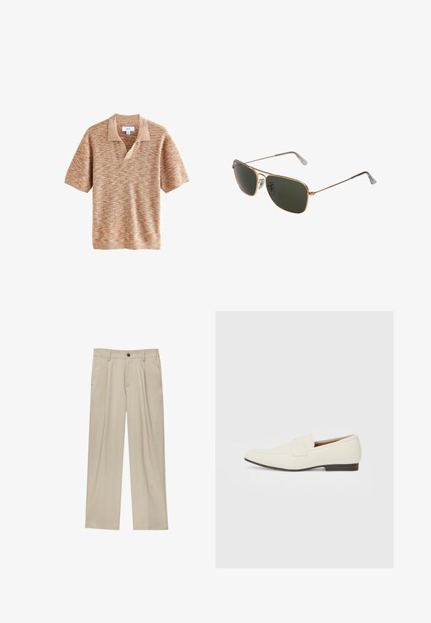 Korte mouwen pullover in een gemeleerd lichtbruin breisel met een V-hals en kraag. Heeft een diagonaal patroon over het hele kledingstuk.; Beige broek met een rechte snit, voorzien van een enkele zwarte knoop, riemlussen en zijzakken. Glad stoffen textuur en een minimalistisch ontwerp.; Lichtbeige loafers met een spitse neus, glad materiaal, een band over de wreef en een lage bruine zool. Eenvoudig ontwerp met minimale accenten.; Gouden metalen aviator zonnebril met grote donker groene lenzen, voorzien van een dunne rand en transparante neuspads voor comfort.