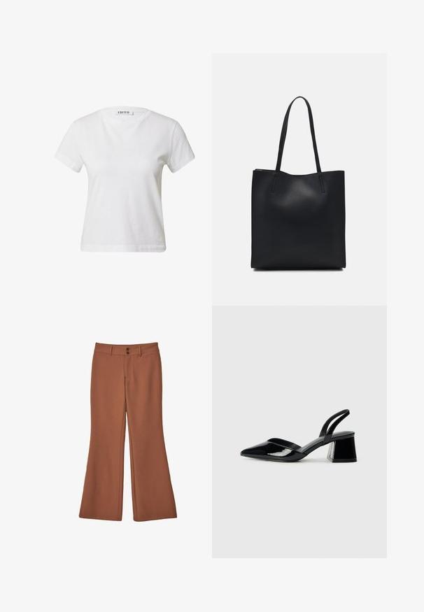 Weißes T-Shirt mit kurzen Ärmeln aus Baumwolle, mit rundem Halsausschnitt und lässiger Passform. Das Etikett auf der Rückseite trägt den Schriftzug "EDITED".; Braune, ausgestellte Hosen aus weichem Stoff. Sie verfügen über zwei vordere Knöpfe und eine glatte Textur ohne sichtbare Muster oder Akzente.; Schwarze Lackleder-Slingback-High Heels mit spitzem Schuh und einem geometrischen Blockabsatz. Verfügt über ein schlankes, minimalistisches Design und eine glatte Textur.; Schwarze Laptoptasche aus Leder mit glatter Textur, rechteckiger Form und zwei langen Griffen. Keine sichtbaren Beschläge oder Verzierungen.