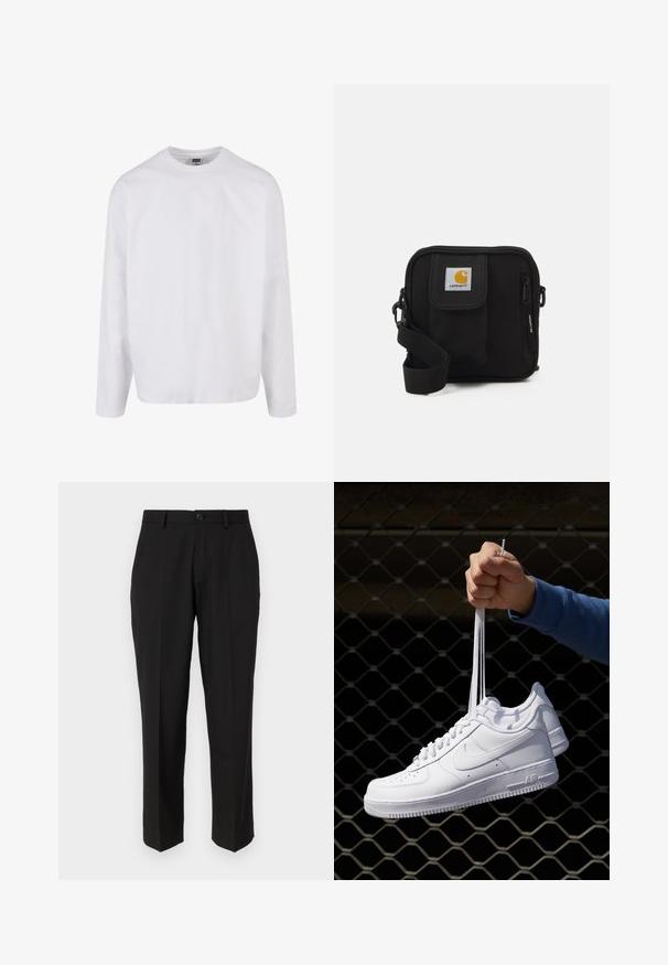 Langærmet hvid bomulds T-shirt med rund hals, afslappet pasform og ingen synlige mønstre eller accenter. Glat tekstur.; Sorte bukser lavet af glat stof, med lige ben design, forlommer, en enkelt knaplukning, og uden synlige mønstre.; Hvide lædersneakers med perforeringer, rund tå, flad sål og tykke snørebånd, med et synligt swoosh-logo og "AIR" på hælen.; Sort crossbody taske med et lynlåset hovedrum, frontlomme, justerbar strop og et synligt logo patch på klappen.