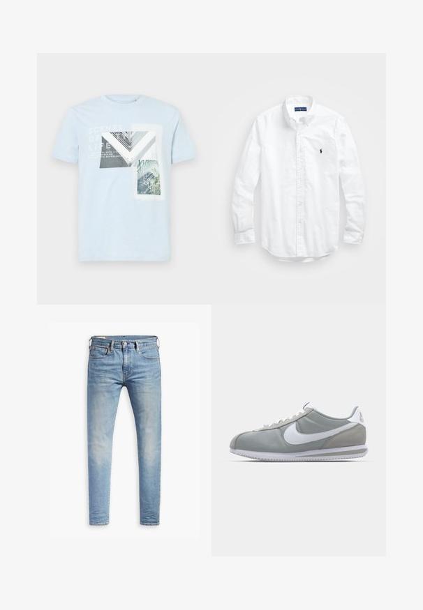 Světle modré bavlněné tričko s grafickými výtisky architektonických prvků a přírody, s bílým textem na vrchu a krátkými rukávy.; Bílá košile s dlouhým rukávem a knoflíkovým zapínáním vyrobená z bavlny. Má klasický límec, knoflíkové manžety a malé námořnické vyšívané logo na hrudi.; Světle modré slim-fit džíny s mírným vyblednutím na stehnech, zapínání na knoflík vpředu, poutka na opasek a pět kapes na bílém pozadí.; Šedá sportovní bota s svrchní částí z semiše a textilu, bílým logem Nike a bílými tkaničkami. Obsahuje texturovanou gumovou podrážku a polstrovaný límec.