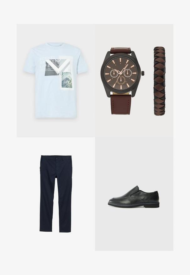 Svijetloplava pamučna majica s grafičkim printovima arhitektonskih elemenata i prirode, s bijelim natpisom i kratkim rukavima.; Mornarsko modri lahki hlače z gladko teksturo, ravnim krojem, gumbom za zapiranje in stranskimi žepi.; Črne usnjene natikače z gladkim zgornjim delom, prišitimi detajli, zaobljenim nosom in nizkim gumijastim petkom. Podplat ima minimalen profil.; Pier One SET - Ura - black/brown