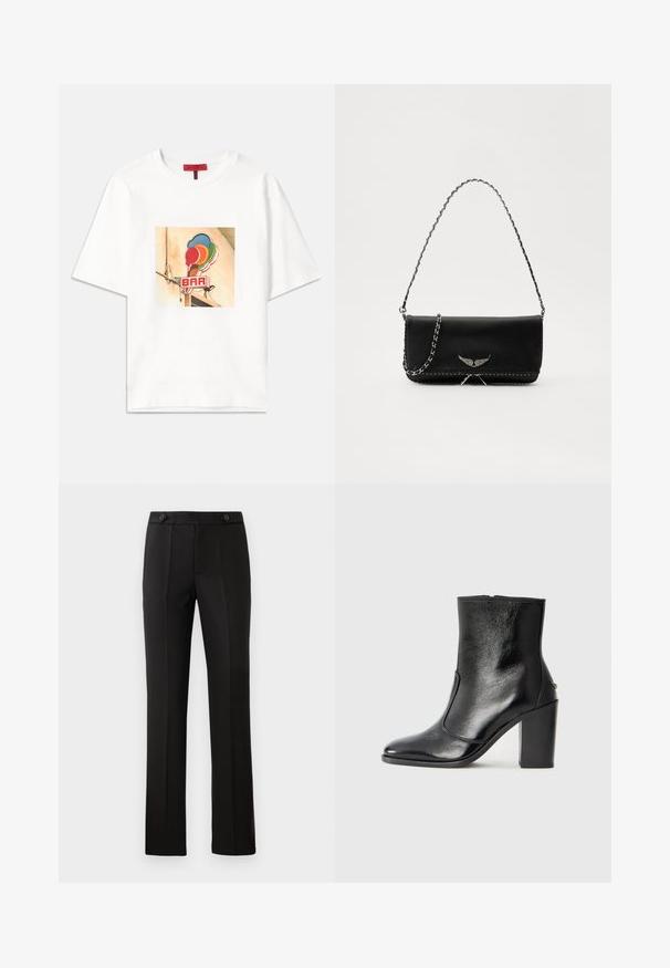T-shirt bianco in cotone con una grafica quadrata che presenta coni gelato colorati e la parola "BAR" in rosso, posizionata centralmente sulla parte anteriore.; Pantaloni neri su misura con gamba dritta, due tasche frontali, chiusura con bottone e dettagli con pieghe sul davanti. Tessuto morbido.; Stivale alla caviglia in pelle nera, con una superficie liscia, punta affilata e tacco alto e massiccio. Presenta una apertura laterale e un design minimalista.; Borsa a mano in pelle nera con una tracolla in catena argento, caratterizzata da decorazioni a forma di ali e cuciture bianche lungo la cucitura inferiore.