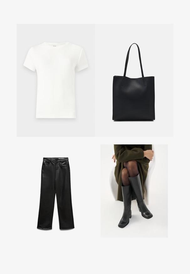 White short-sleeve t-shirt made of ribbed fabric, featuring a classic round neckline and a simple, fitted design. No patterns or accents.; Black faux leather wide-leg pants with front pockets, belt loops, and subtle sheen. Smooth texture and tailored fit.; Knee-high black leather boots with a squared toe and block heel, shown with a model seated in an olive green coat. Smooth texture, minimal detailing.; Black leather tote bag with smooth texture, rectangular shape, and two long handles. No visible hardware or embellishments.