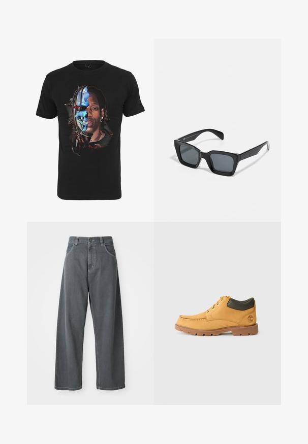 Melnas kokvilnas t-krekls ar grafisko dizainu, kurā attēlota seja, kas sadalīta starp cilvēku un robotu galvaskausu, ar detalizētiem krāsainiem akcentiem.; Pelēki džinsa platā kāja bikses ar augsto vidukli, ar priekšējām kabatām, jostas cilpām un pogu aizdari jostas vietā.; Dzelteni ādas zābaki ar brūnu gumijas zoli, apaļo purngalu un zaļo ādas anklet. Iekļautas zelta acis un šuvju akcenti.; Melni taisnstūra saulesbrilles ar tumšiem stikliem. Plastmasas rāmis ar spīdīgu apdari, ar plašu tiltu un nedaudz sašaurinātām kājiņām.