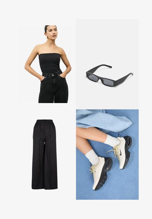 Czarny top bez ramiączek wykonany z gładkiego materiału, zestawiony z ciemnoniebieskimi dżinsami o wysokim stanie, które mają kieszenie boczne i zapięcie na guzik.; Czarne szerokie spodnie z elastyczną talią, gładkiego materiału, z widocznymi detalami szwów. Charakteryzują się luźną, swobodną sylwetką.; Sneakers Nike Air Max mają beżowy i czarny design, gładką cholewkę, widoczną amortyzację powietrza oraz płaskie gumowe bieżniki.; Czarne prostokątne okulary przeciwsłoneczne z ciemnymi soczewkami i grubymi matowymi oprawkami. Ramiona są lekko zwężone i mają gładką teksturę.