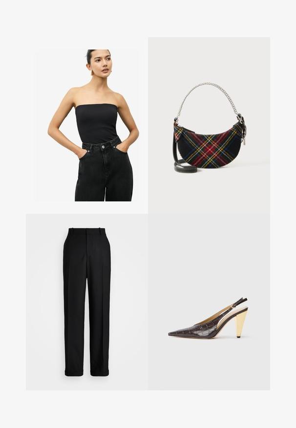 Schwarzes trägerloses Oberteil aus glattem Stoff, kombiniert mit hochgeschnittenen, dunklen Jeans aus Denim mit Seitentaschen und Knopfverschluss.; Polo Ralph Lauren HIGH RISE RELAXED STRAIGHT TROUSER - Stoffhose - black; Spitz zulaufender Slingback-Absatzschuh aus glänzendem, dunkelbraunem Kunstcrocodilleder. Verfügt über einen goldfarbenen geometrischen Absatz und einen verstellbaren Knöchelriemen.; Handtasche aus einem Wollgemisch im Karomuster, mit einer Halbmondform, silbernem Kettenhenkel und einem abnehmbaren schwarzen Ledertrageriemen.