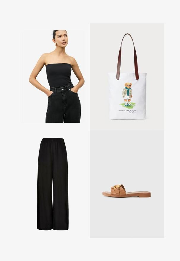 Top nero senza spalline in tessuto liscio abbinato a jeans scuri a vita alta con tasche laterali e chiusura con bottone.; Pantaloni neri a gamba larga realizzati in un tessuto liscio. Presentano una vita elastica e una vestibilità ampia e fluida per comfort e libertà di movimento.; Sandalo scivolato in pelle marrone con cinturino largo, dettaglio in metallo dorato, suola piatta e design minimalista. Adatto per un abbigliamento casual.; Borsa tote in tela con un orso cartone animato che indossa una sciarpa verde e un blazere, con manici in pelle marrone. Sfondo bianco, design stampato.