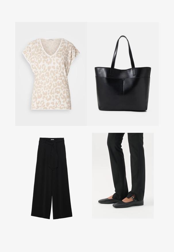 Krémový top s výstrihom do V a krátkymi rukávmi, s textúrovaným leopardím vzorom v svetlo hnedej farbe. Jemný materiál s voľným strihom.; Čierne široké nohavice s textúrovanou tkaninou, elastickým pásom a odnímateľným viazaním na páse pre nastaviteľné priliehanie.; Čierne kožené baletky s špicatou špičkou, remienkom so striebornou prackou, skombinované s čiernymi strihovými nohavicami so rozparkom na leme.; Čierna kožená tote taška s dvoma dlhými rúčkami, hladkým povrchom a štruktúrovaným tvarom. Obsahuje prednú kapsu pre dodatočné uskladnenie.; Strieborné kruhové náušnice s minimalistickým dizajnom. Cirkulárny tvar, hladký povrch a tenký profil. Ľahké s lesklým povrchom.