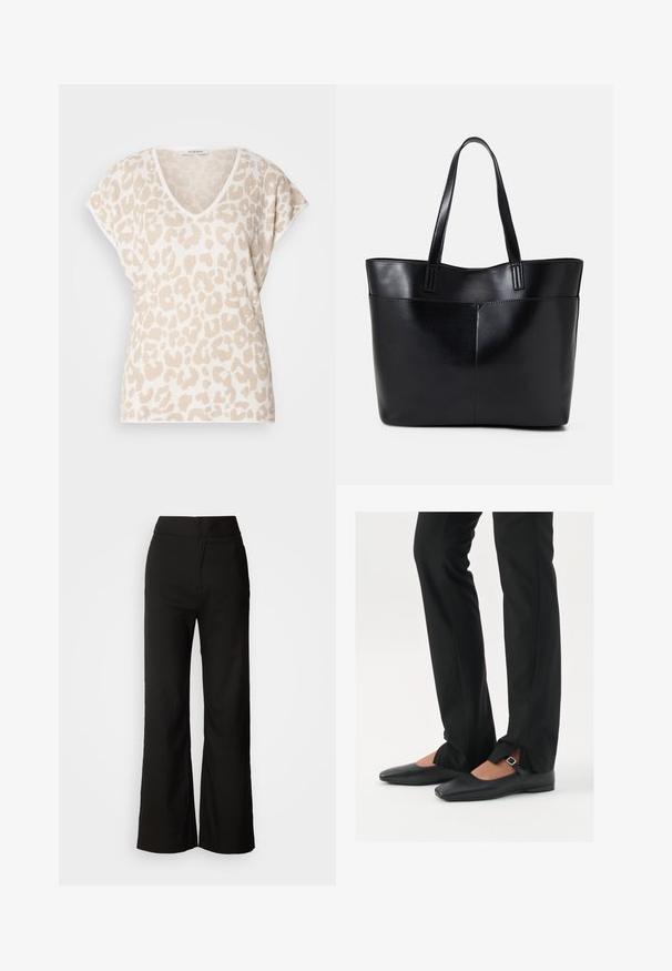 Bežs V-veida tops ar īsām piedurknēm, ar teksturētu leoparda rakstu gaiši brūnā krāsā. Maigs audums ar brīvu piegriezumu.; Melni platlegu bikses ar gludu tekstūru, augsto vidukli un tīru dizainu. Nav redzamu kabatu vai rotājumu.; Melni ādas baleta zābaki ar smailo purngalu, siksniņa ar sudraba sprādzi, kombinēti ar melniem tailētiem biksēm ar šķēluma apakšdaļu.; Melnas ādas iepirkumu soma ar divām garām rokturām, gludu tekstūru un strukturētu formu. Iekļauj priekšējo kabatu papildu uzglabāšanai.; Sudraba gredzenveida auskari ar minimālistisku dizainu. Cirkulāra forma, gluda tekstūra un plāns profils. Vieglu svaru ar spīdīgu apdari.