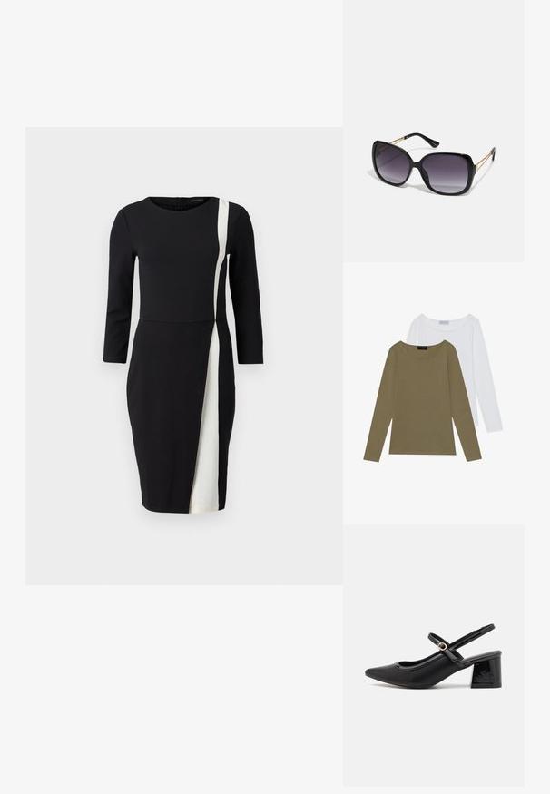 Two long-sleeve tops: one olive green and one white. Both feature a round neckline and a soft, smooth texture with subtle stitching details.; Black dress with three-quarter sleeves, featuring a white diagonal stripe. Made of smooth fabric, fitted waist, and knee-length design.; Black patent leather slingback heels with a pointed toe, a rounded cutout design, and a block heel. Features a gold-tone buckle accent.; Black oversized sunglasses with gradient lenses, thick frames, and gold-tone chain detailing on the temple arms.; Black tote bag made of synthetic material, featuring simple rectangular design, gold square accents, and double handles.
