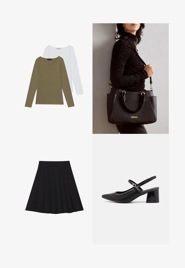 Du šviečių ilgomis rankovėmis: viena alyvuogių žalios spalvos, kita balta. Abi turi apvalų iškirpimą ir minkštą, lygų tekstūrą su subtiliais siuvinėjimo akcentais.; Juoda plisėta sijonas, pagamintas iš tekstūruotos medžiagos su prigludusia juosmens juosta. Siekia kelių ilgį, turi sklandžią, švarią siluetą.; Juodi patentinio odos slingback aukštakulniai su smailiu pirštu, apvaliu išpjovimu ir blokiniu kulnu. Papuošti auksiniu juostos akcentu.; Juodas rankinės maišelis su struktūrizuota paviršiumi, dvigubais viršutiniais rankenėlėmis ir reguliuojamu peties diržu. Įrengtas aukso spalvos furnitūra ir šoninės kišenės.