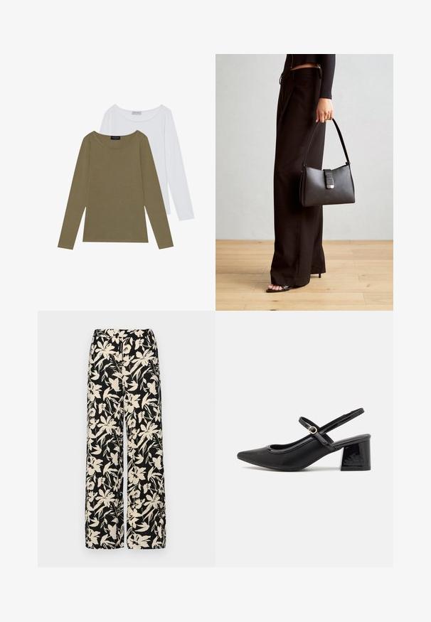 To langermede topper: en olivengrønn og en hvit. Begge har rund halslinning og en myk, glatt tekstur med subtile sømdetaljer.; Sorte vide bukser med et cremet blomster mønster. Fremstillet af letvægtsstof, med en glat tekstur og en høj talje.; Sorte lakk lær slingback hæler med spiss tå, et avrundet utskjæringsdesign og blokkheel. Har en gulltone spenne som detalj.; Svart håndveske med strukturert form, jevn tekstur og metallisk lås. Kombinert med brede svarte bukser og sandaler med åpen tå på tregulv.