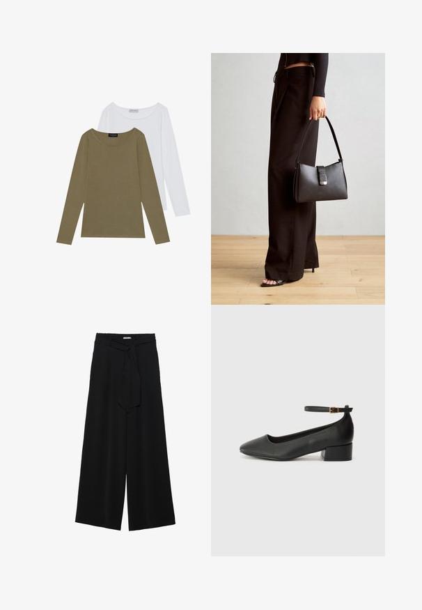 Dwie bluzki z długim rękawem: jedna oliwkowa, a druga biała. Obie mają okrągły dekolt oraz miękką, gładką teksturę z subtelnymi detalami w szwie.; Czarne spodnie szerokie z teksturowanej tkaniny, z elastycznym paskiem w talii i odpinanym paskiem w talii dla regulowanego dopasowania.; Czarne skórzane szpilki z ostrym noskiem i niskim słupkowym obcasem. Wyposażone w pasek na kostkę z złotym zapięciem. Gładka tekstura.; Czarna torebka o usztywnionym kształcie, gładkiej fakturze i metalowym zapięciem. Połączona z szerokimi czarnymi spodniami i sandałami na otwartym palcu na drewnianej podłodze.