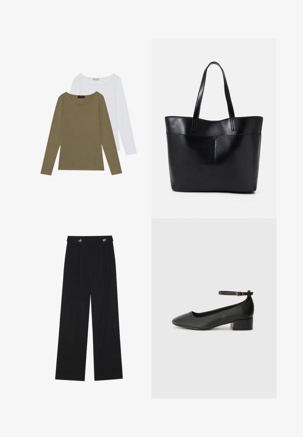 To lange ærmeløse toppe: én olivengrøn og én hvid. Begge har en rund halsudskæring og en blød, glat tekstur med subtile syninger.; Sorte vide bukser med høj talje, knapdetaljer på taljebåndet og frontfald.; Sorte læderpumper med spids tå og en lav blokhæl. Har en ankelrem med en guldfarvet spænde. Glat tekstur.; Sort læder tote taske med to lange håndtag, en glat tekstur og en struktureret form. Har en forlommem for ekstra opbevaring.