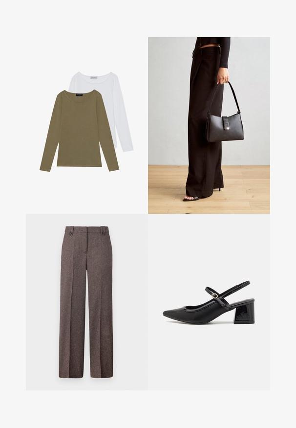 Due maglie a maniche lunghe: una verde oliva e una bianca. Entrambe presentano un collo rotondo e una texture morbida e liscia con dettagli di cucitura sottili.; Pantaloni marroni a gamba larga realizzati in tessuto testurizzato. Presentano due tasche anteriori e una vestibilità sartoriale con due bottoni in vita.; Décolleté in vernice nera con cinturino dietro, punta affusolata, design con ritagli arrotondati e tacco a blocco. Presenta un accento di fibbia tono oro.; Borsa nera con forma strutturata, texture liscia e una chiusura metallica. Abbinata a pantaloni neri larghi e sandali open-toe su un pavimento in legno.