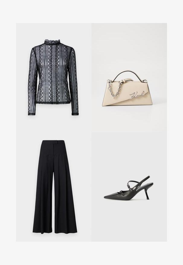 Svart blonder langermet topp med høy hals og mønsterdesign med bølgete kanter. Gjennomsiktig tekstur og formtilpasset silhuett.; KARL LAGERFELD SUMMER OCCASION SUIT TROUSERS - Bukse - black; Sorte skinn slingback-hæler med spiss tå, slank hæl og dekorativ spenne detalj på vampsiden. Glatt tekstur og stilrent design.; Beige lærveske med en strukturert, trekantet form, som har et sølvfarget kjedehåndtak og en skrifttype-logo i metall.