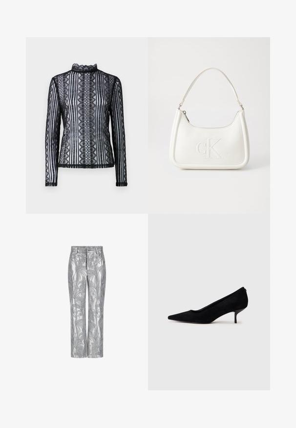 Czarny koronkowy top z długim rękawem, posiadający wysoki dekolt oraz wzorzysty design z falbaniastymi krawędziami. Przezroczysta tekstura i dopasowany krój.; Srebrne spodnie haftowane liściastym wzorem, o prostym kroju, z gładką, błyszczącą fakturą. Funkcjonalne kieszenie i zapięcie na guzik.; Czarny zamszowy but na wysokim obcasie z wydłużonym noskiem i smukłym, niskim obcasem. Gładka tekstura z eleganckim wzornictwem, bez widocznych elementów metalowych.; Biała skórzana torebka o zaokrąglonym kształcie, z wytłoczonym logo "CK" z przodu i pojedynczym paskiem na ramię. Zapięcie na zamek z góry.