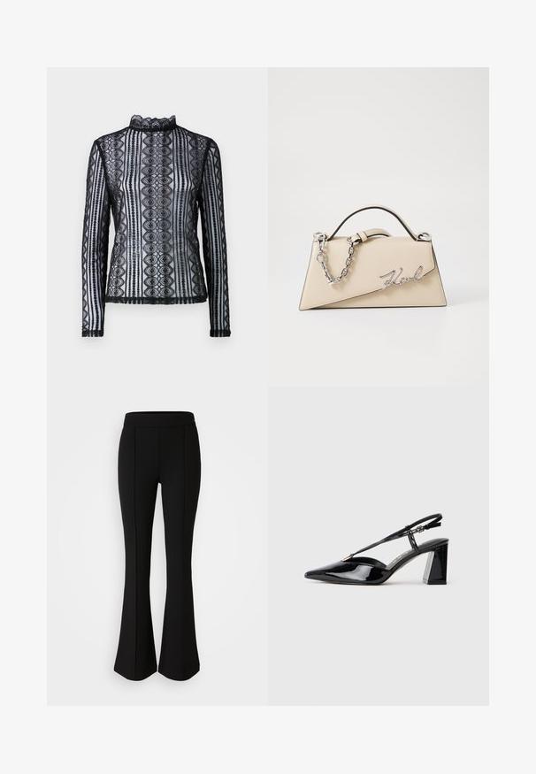 Schwarzes Spitzenoberteil mit langen Ärmeln, einem hohen Kragen und einem gemusterten Design mit gewellten Kanten. Durchsichtige Textur und figurnaher Schnitt.; Schwarze, ausgestellte Hose aus einem dehnbaren Material mit glatter Textur, ausgestattet mit Nahtdetails an der Vorderseite für ein zusätzliches Designelement.; Schwarze lackleder Slingback-High-Heels mit spitz zulaufender Zehenpartie, verstellbarem Riemen und klobigem rechteckigem Absatz.; Beige Leder-Handtasche mit einer strukturierten, dreieckigen Form, ausgestattet mit einem silbernen Kettenhenkel und einem geschwungenen Logo aus Metall.