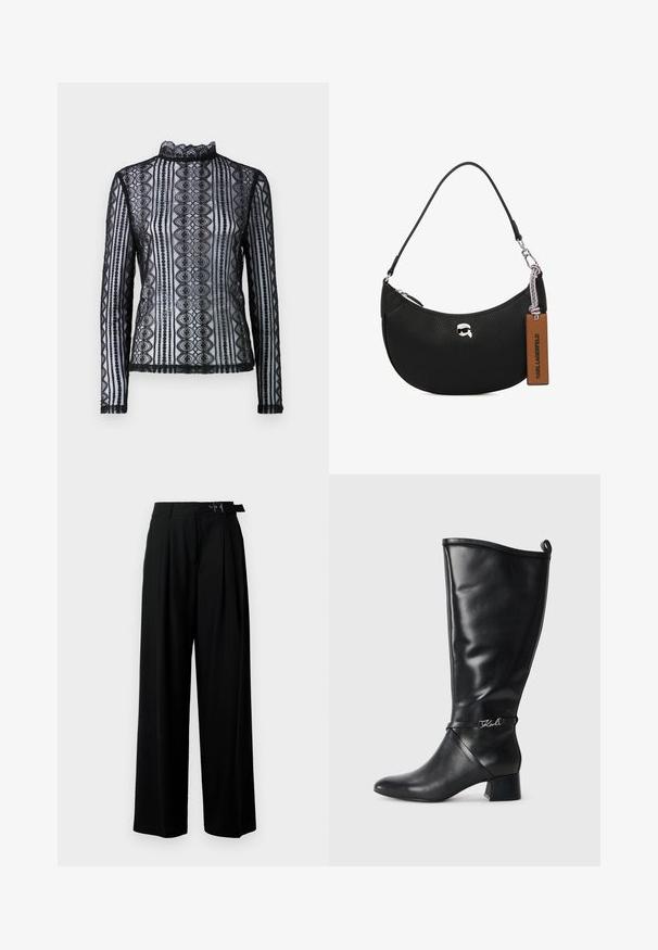 Juodas nėriniuotas ilgomis rankovėmis viršus su aukštu kaklu ir raštuotu dizainu su banguotais kraštais. Permatomas audinys ir prigludusi siluetas.; Juodos plačios kojų kelnės su aukštu liemeniu, priekinėmis klostėmis ir diržu su sagtimi. Pagamintos iš lygaus, lengvo audinio.; Juodas odinis iki kelių botas su smailiu pirštu, storu kulnu ir dekoratyvine juostele, kurioje yra sidabrinis logotipas šalia kulkšnies. Lygi tekstūra.; Juodas odinis rankinės su grublėta tekstūra, išlinkusia forma, viršutiniu užtrauktuku, sidabrinėmis detalėmis ir rudąja etiketė. Pabrėžtas logotipo akcentas.