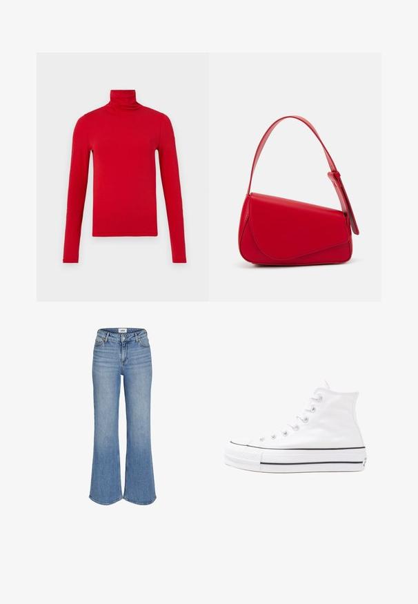 Raudona ilgaaulė golfas, pagaminta iš švelnaus audinio. Prigludęs dizainas su besiūlėmis petnešomis ir sklandžiu paviršiumi. Paprasta, vienspalvė.; Šviesiai mėlynos džinsinio audinio platėjančios kelnės su aukštu liemeniu, turinčios priekinės kišenes, užtrauktuką ir švelnų dėvėjimosi ženklą. Siūlės matomos palei kraštus.; Balti aukštakulniai drobės sportbačiai su juodu guminio pado, priekinio guminio piršto dangteliu ir šešiais akytėmis raištams, pasižymintys švariu, minimalistiniu dizainu.; Raudona odinė rankinė su kampuota, geometrine forma. Pasižymi viena reguliuojama dirželiu ir dangteliu su siuvinėtais dekoracijomis.