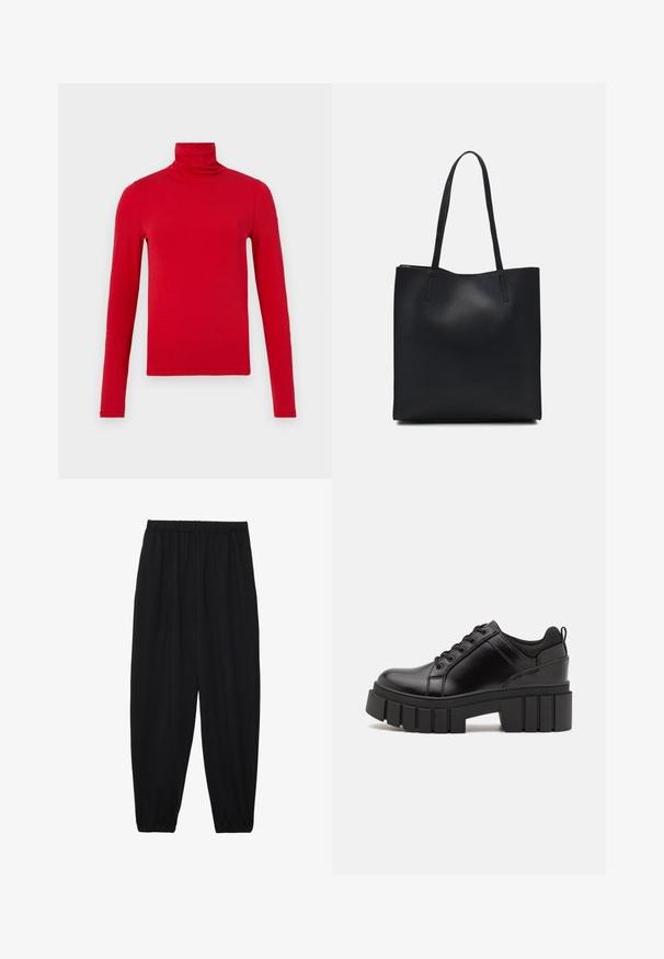 Röd polotröja med långa ärmar av mjukt tyg. Täd design med sömlösa axlar och en jämn textur. Enkel, enfärgad.; Svarta, lätta byxor med elastisk midja och samlade ankleder. Tyget är slätt och har en avslappnad, avsmalnande design.; Svarta läderplattformsskor med en kraftig blockklack, rund tå och traditionell snörningsdesign. Har en slät textur och minimal detaljering.; Svart lädertoffelväska med slät textur, rektangulär form och två långa handtag. Ingen synlig hårdvara eller dekorationer.