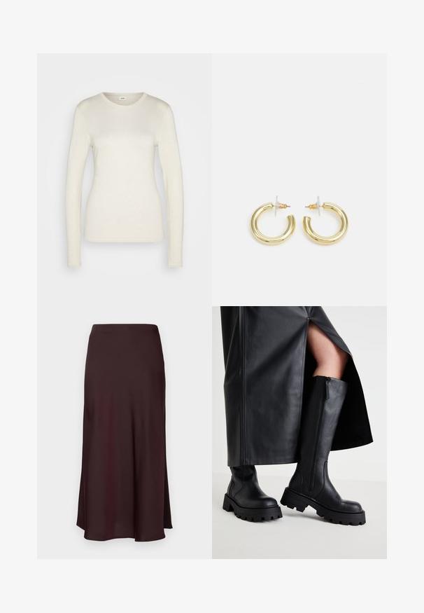 Long-sleeve cream top made from soft cotton with a rounded neckline, fitted silhouette, and stitching along the hem and cuffs.; Burgundy satin midi skirt with a smooth texture, a straight fit, and a slightly flared hem. No visible patterns or hardware details.; Black knee-high boots with a chunk sole, smooth leather texture, side zipper, and minimalistic design, paired with a slit black skirt.; Gold hoop earrings with a smooth, shiny finish. Circular design featuring a small post and clear backing for secure wear.