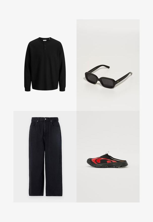 Črna dolga majica s kratkimi rokavi henley s rebrasto teksturo, tremi gumbi na ovratniku in ravnim robom. Narejena iz mehkega materiala.; Črne denim hlače s ravnim krojem, ki vključujejo pet žepov, zapiranje na gumb in brezhiben zaključek. Trajna tkanina z mat površino.; Črne natikače z drznim rdečim ukrivljenim vzorcem, teksturirano zgornje gradivo in debelim, oprijemljivim gumijastim podplatom z oprijemom.; Črne pravokotne sončne naočare z debelimi ogrodji, temnimi lečami in zlatim logotipom na ušesnem delu, ki imajo gladko, sijajno površino.