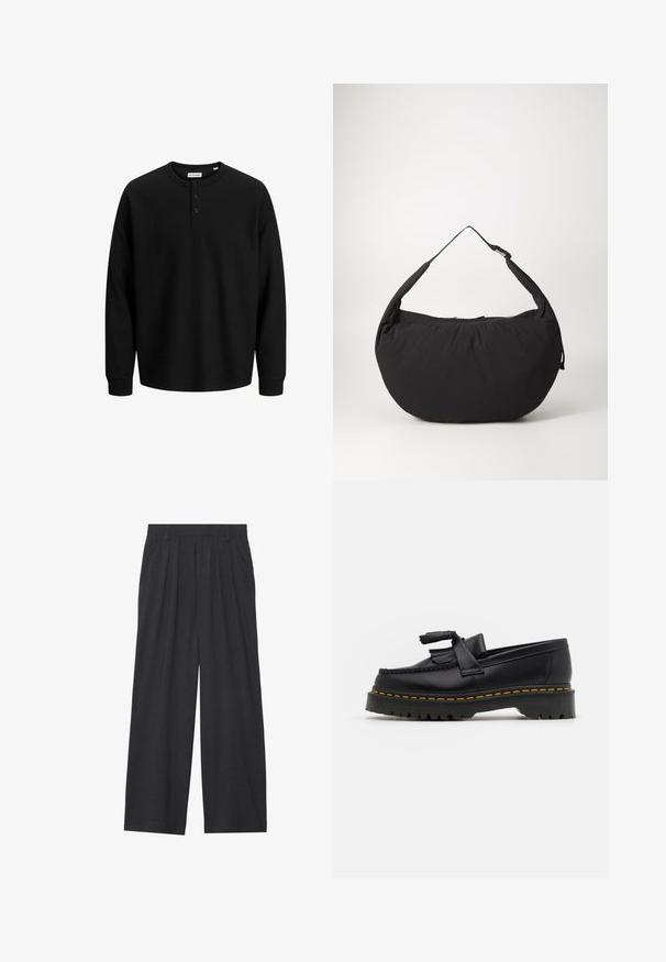 Melnā garo piedurkņu henley krekls ar ribotu tekstūru, trīs pogām pie dekoltē un taisnu apakšmalu. Izgatavots no mīksta auduma.; Platas piegriezuma bikses no tumši pelēka auduma. Iezīmes - izgriezumi jostasvietā, veidota forma un taisna silueta.; Melnas ādas mokasīni ar pērlītēm uzsvaru, ar masīvu melnu zoli un dzeltenu šuvumu gar malu. Ar teksturētu apdari.; Melnas auduma plecu soma ar izliekta formu, sākotnēji ar vienu siksnu un ar rāvējslēdzēja aizdari. Mīksta tekstūra, minimālisma dizains.