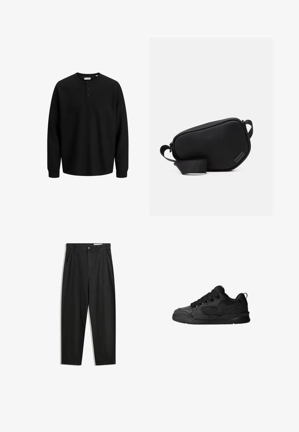 Cămașă neagră cu mânecă lungă tip henley, cu textură canalată, trei nasturi la gât și o margine dreaptă. Fabricată dintr-un material moale.; Pantaloni negri din bumbac cu croială lejeră, având un brâu clasic, plii frontale și buzunare laterale. Textură netedă fără modele.; Adidași negri cu un lateral texturat, având șireturi, accente din plasă pentru respirabilitate, guler căptușit și o talpă rezistentă.; Geantă crossbody neagră, cu fermoar, realizată din material neted, având o formă plată, o singură curea și un accent mic cu logo. Design minimalist.